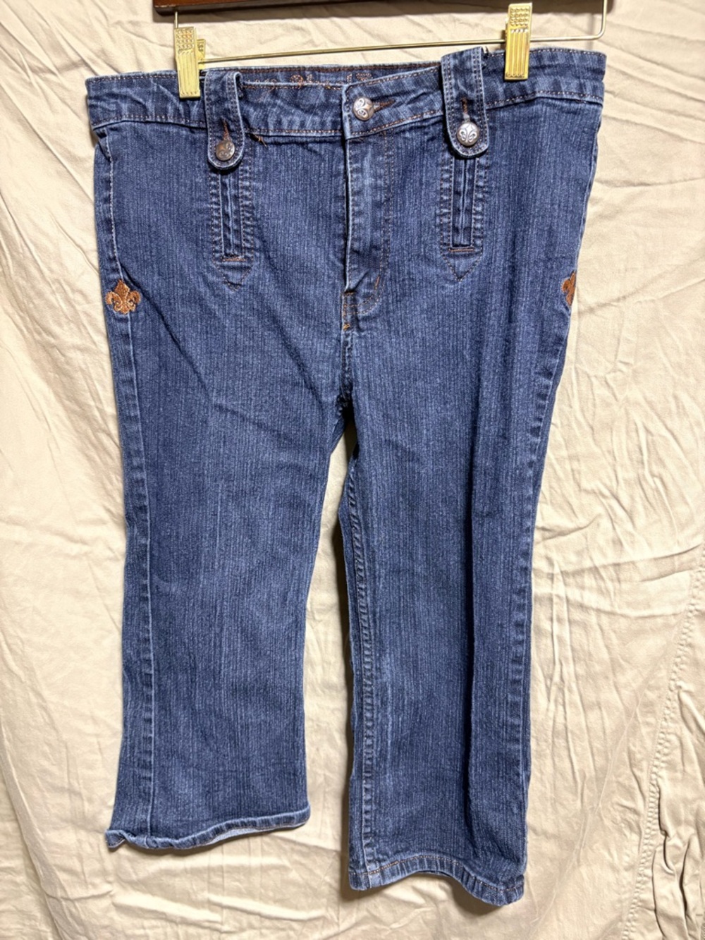 Kids dark Blue Denim capris with copper designs- Classic Midwash